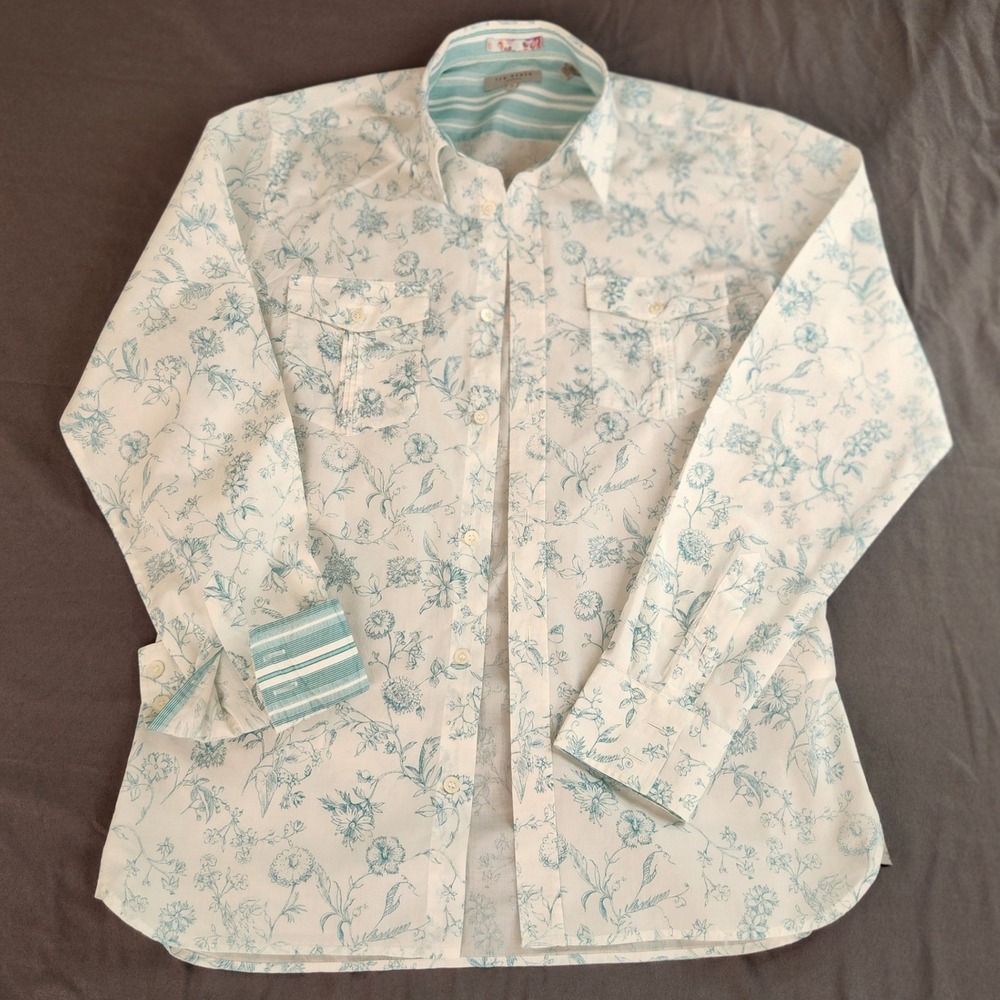 Ted‎ Baker Men's Long Sleeve White with Teal Floral Pattern Casual Shirt Size 3